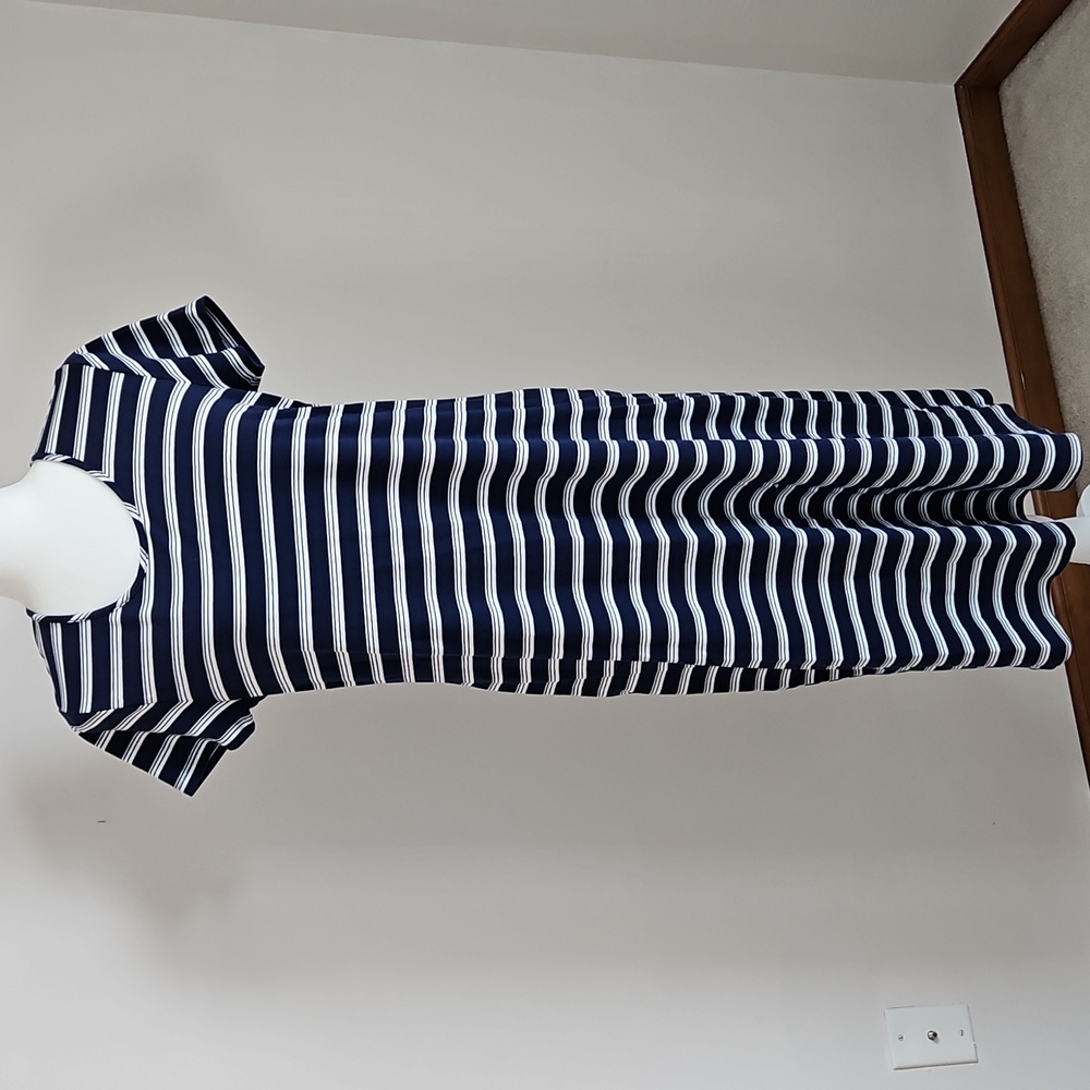 Lands End M Midi Tee Dress Short Sleeve Navy Striped Nautical Coastal Cotton